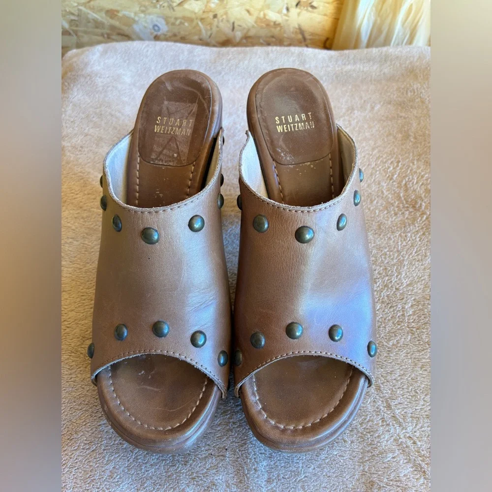 STUART WEITZAN Brown Leather Studded Peep Toe Clogs Size 9